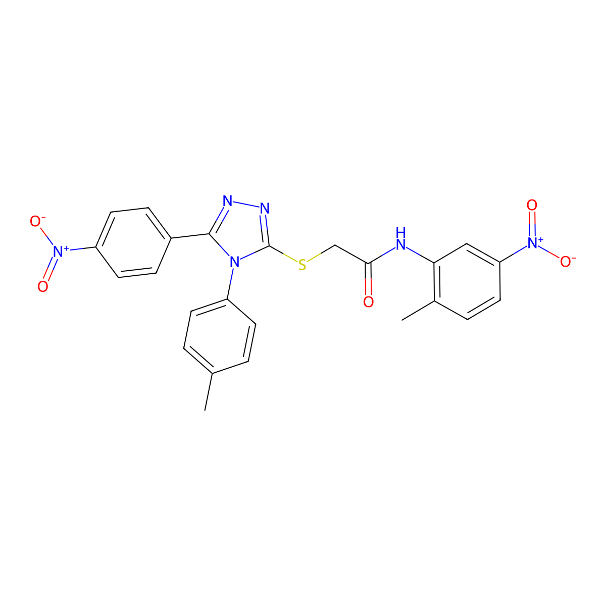 N-(2-Methyl-5-nitro-phenyl)-2-[5-(4-nitro-phenyl)-4-p-tolyl-4H-[1,2,4]triazol-3-ylsulfanyl]-acetamide molecular structure, CAS 500211-68-7