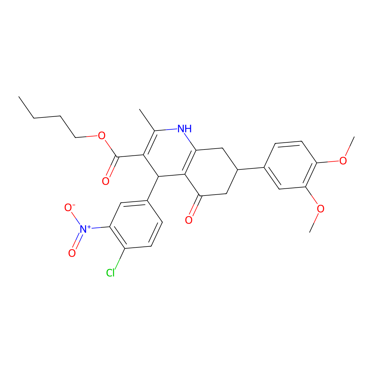 Butyl 4-(4-chloro-3-nitrophenyl)-7-(3,4-dimethoxyphenyl)-2-methyl-5-oxo-1,4,5,6,7,8-hexahydroquinoline-3-carboxylate molecular structure, CAS 500212-68-0