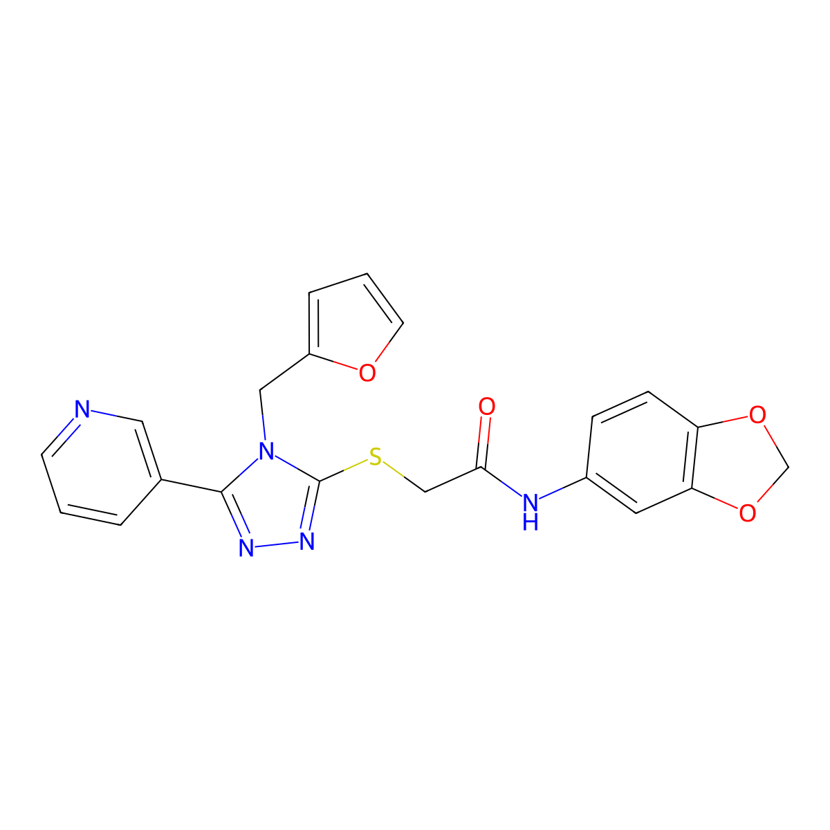 N-(1,3-benzodioxol-5-yl)-2-{[4-(furan-2-ylmethyl)-5-(pyridin-3-yl)-4H-1,2,4-triazol-3-yl]sulfanyl}acetamide molecular structure, CAS 500257-46-5