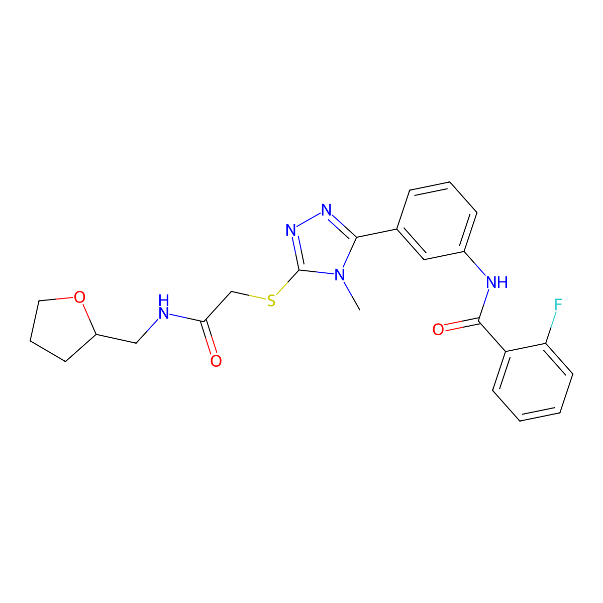 2-fluoro-N-[3-[4-methyl-5-[2-oxo-2-(oxolan-2-ylmethylamino)ethyl]sulfanyl-1,2,4-triazol-3-yl]phenyl]benzamide molecular structure, CAS 500265-62-3