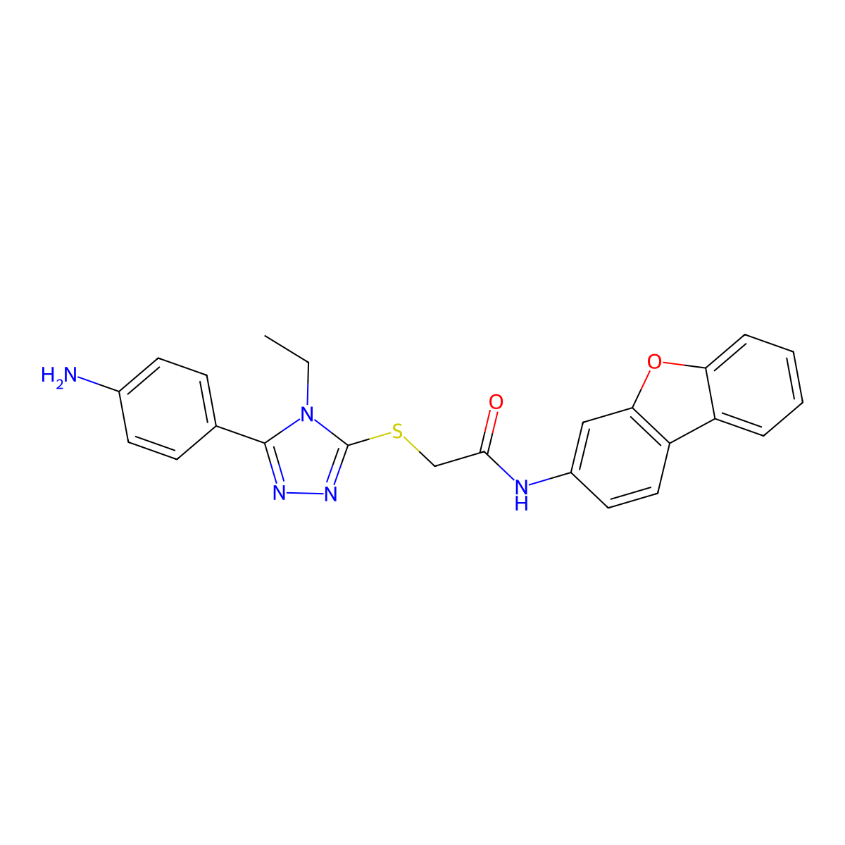 2-[[5-(4-aminophenyl)-4-ethyl-1,2,4-triazol-3-yl]sulfanyl]-N-dibenzofuran-3-ylacetamide molecular structure, CAS 500265-86-1