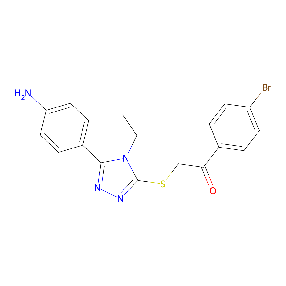 2-[[5-(4-Aminophenyl)-4-ethyl-1,2,4-triazol-3-yl]sulfanyl]-1-(4-bromophenyl)ethanone molecular structure, CAS 500266-08-0