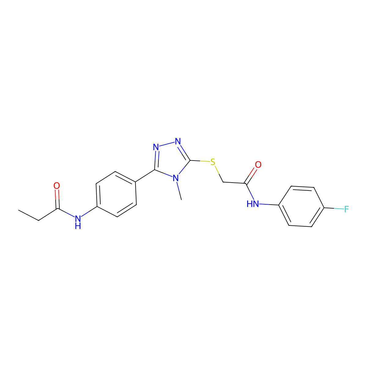 N-[4-[5-[2-(4-fluoroanilino)-2-oxoethyl]sulfanyl-4-methyl-1,2,4-triazol-3-yl]phenyl]propanamide molecular structure, CAS 500266-32-0
