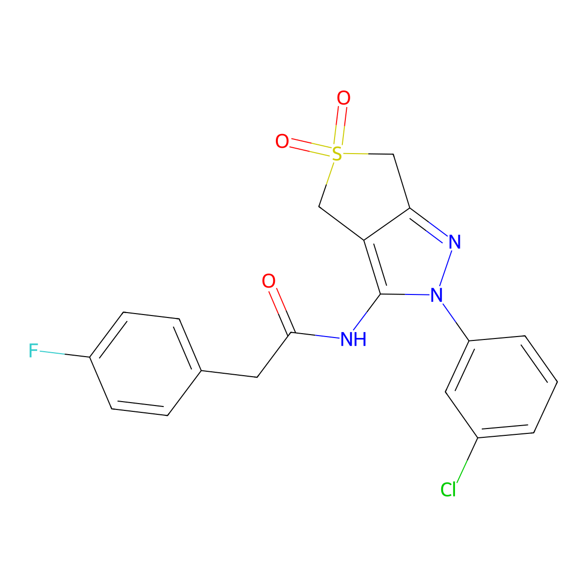 N-(2-(3-chlorophenyl)-5,5-dioxido-4,6-dihydro-2H-thieno[3,4-c]pyrazol-3-yl)-2-(4-fluorophenyl)acetamide molecular structure, CAS 500266-95-5