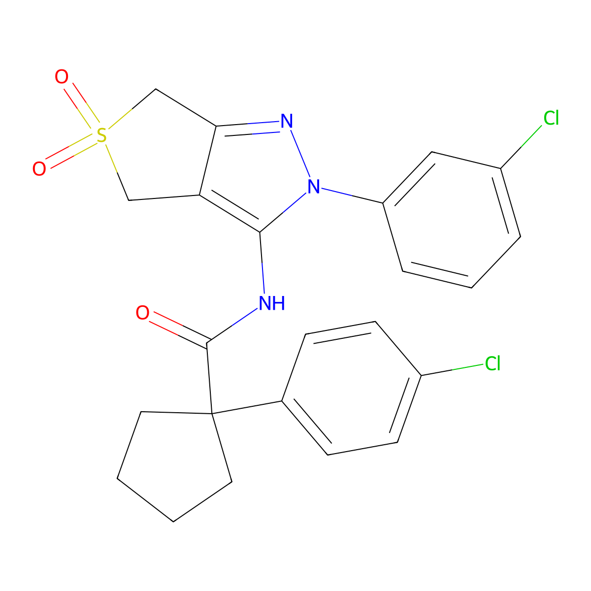 1-(4-chlorophenyl)-N-(2-(3-chlorophenyl)-5,5-dioxido-4,6-dihydro-2H-thieno[3,4-c]pyrazol-3-yl)cyclopentanecarboxamide molecular structure, CAS 500267-04-9