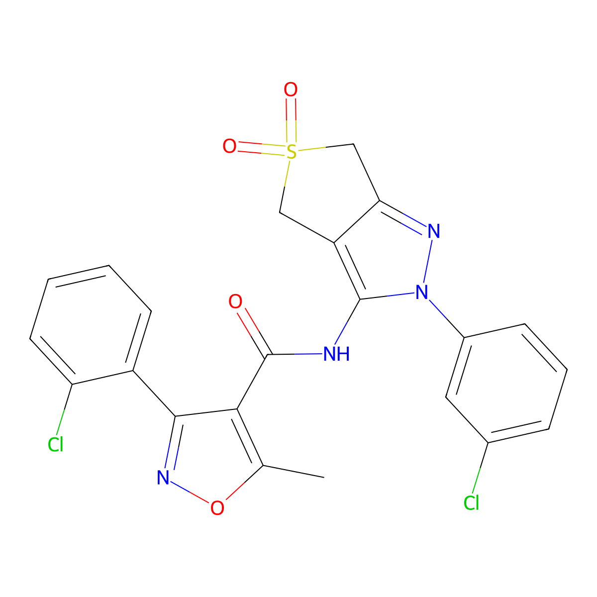 3-(2-chlorophenyl)-N-(2-(3-chlorophenyl)-5,5-dioxido-4,6-dihydro-2H-thieno[3,4-c]pyrazol-3-yl)-5-methylisoxazole-4-carboxamide molecular structure, CAS 500267-05-0