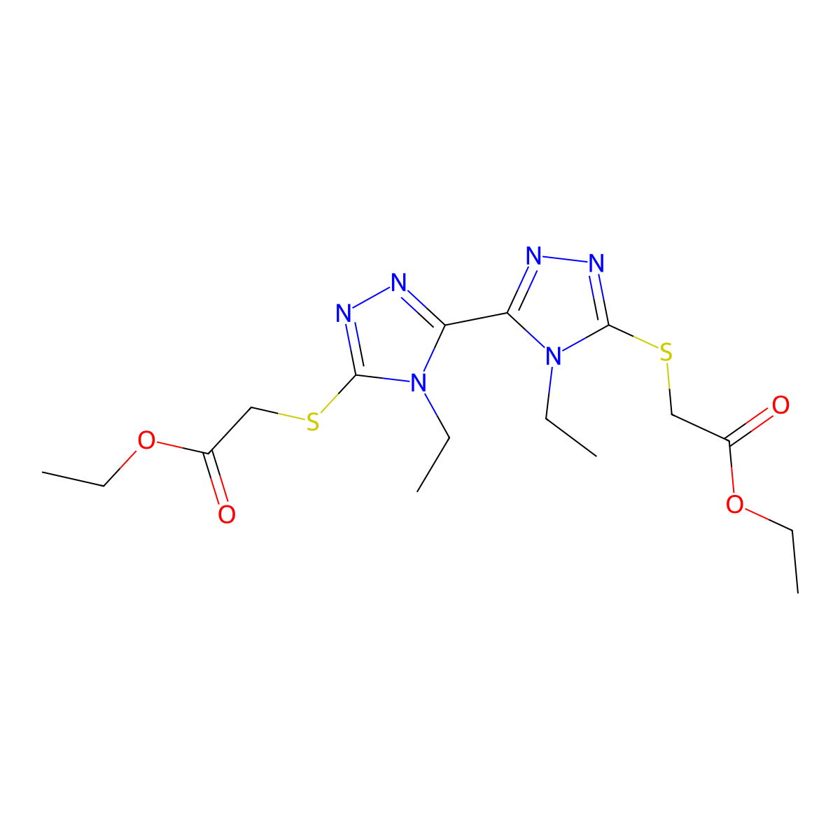 Ethyl 2-[[5-[5-(2-ethoxy-2-oxoethyl)sulfanyl-4-ethyl-1,2,4-triazol-3-yl]-4-ethyl-1,2,4-triazol-3-yl]sulfanyl]acetate molecular structure, CAS 500267-46-9
