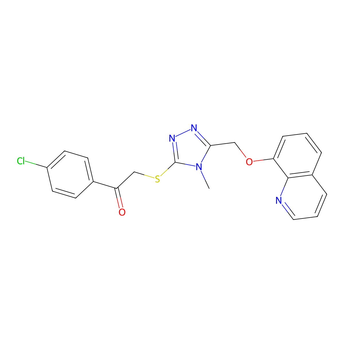 1-(4-chlorophenyl)-2-((4-methyl-5-((quinolin-8-yloxy)methyl)-4H-1,2,4-triazol-3-yl)thio)ethanone molecular structure, CAS 500267-59-4