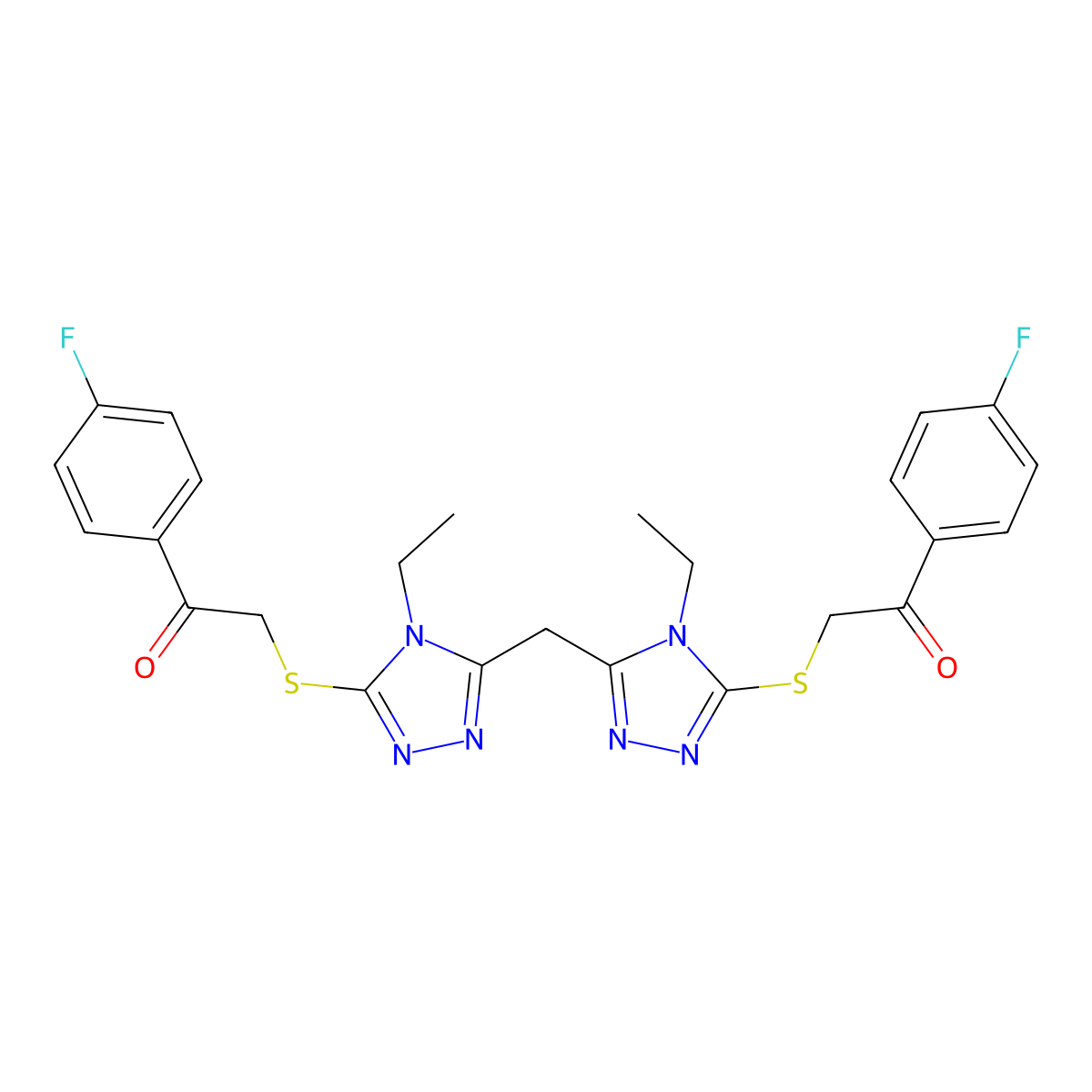 2-[[4-Ethyl-5-[[4-ethyl-5-[2-(4-fluorophenyl)-2-oxoethyl]sulfanyl-1,2,4-triazol-3-yl]methyl]-1,2,4-triazol-3-yl]sulfanyl]-1-(4-fluorophenyl)ethanone molecular structure, CAS 500267-63-0