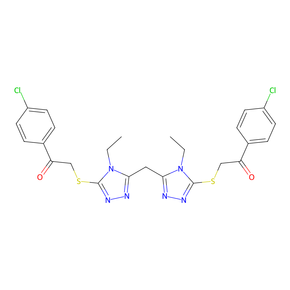 1-(4-Chlorophenyl)-2-[[5-[[5-[2-(4-chlorophenyl)-2-oxoethyl]sulfanyl-4-ethyl-1,2,4-triazol-3-yl]methyl]-4-ethyl-1,2,4-triazol-3-yl]sulfanyl]ethanone molecular structure, CAS 500267-68-5