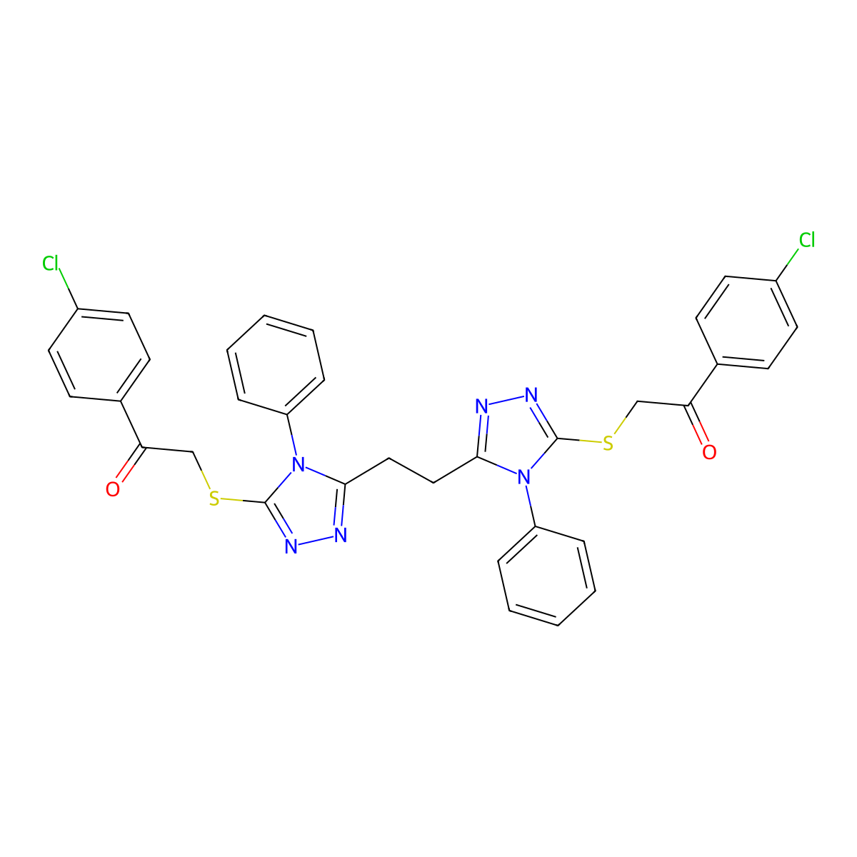 1-(4-Chlorophenyl)-2-[[5-[2-[5-[2-(4-chlorophenyl)-2-oxoethyl]sulfanyl-4-phenyl-1,2,4-triazol-3-yl]ethyl]-4-phenyl-1,2,4-triazol-3-yl]sulfanyl]ethanone molecular structure, CAS 500267-71-0