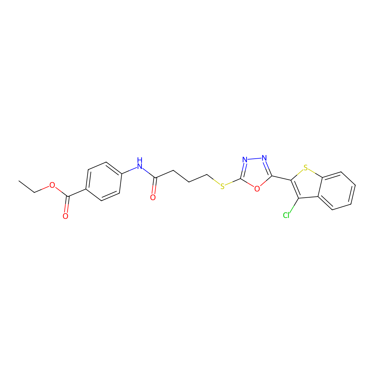 Ethyl 4-[(4-{[5-(3-chloro-1-benzothiophen-2-yl)-1,3,4-oxadiazol-2-yl]sulfanyl}butanoyl)amino]benzoate molecular structure, CAS 500267-85-6