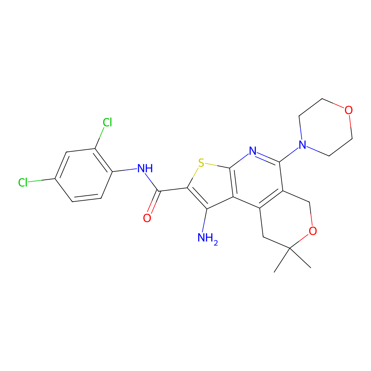 1-amino-N-(2,4-dichlorophenyl)-8,8-dimethyl-5-morpholino-8,9-dihydro-6H-pyrano[4,3-d]thieno[2,3-b]pyridine-2-carboxamide molecular structure, CAS 500268-52-0
