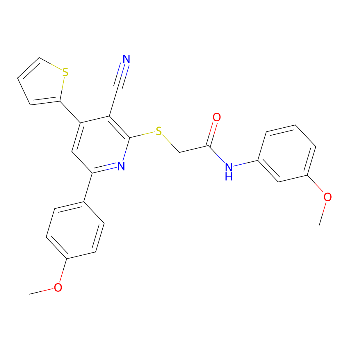 2-[3-cyano-6-(4-methoxyphenyl)-4-thiophen-2-ylpyridin-2-yl]sulfanyl-N-(3-methoxyphenyl)acetamide molecular structure, CAS 500269-14-7
