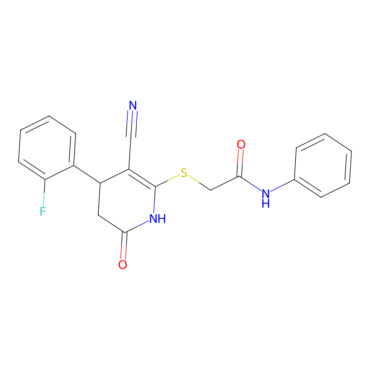 2-((3-cyano-4-(2-fluorophenyl)-6-oxo-1,4,5,6-tetrahydropyridin-2-yl)thio)-N-phenylacetamide molecular structure, CAS 500269-20-5