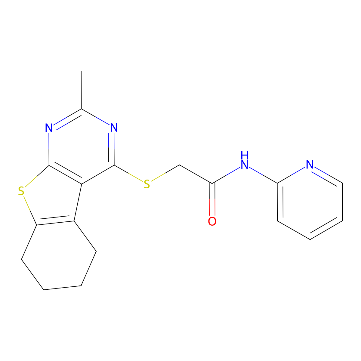 2-[(2-methyl-5,6,7,8-tetrahydro[1]benzothieno[2,3-d]pyrimidin-4-yl)sulfanyl]-N-(pyridin-2-yl)acetamide molecular structure, CAS 500270-23-5