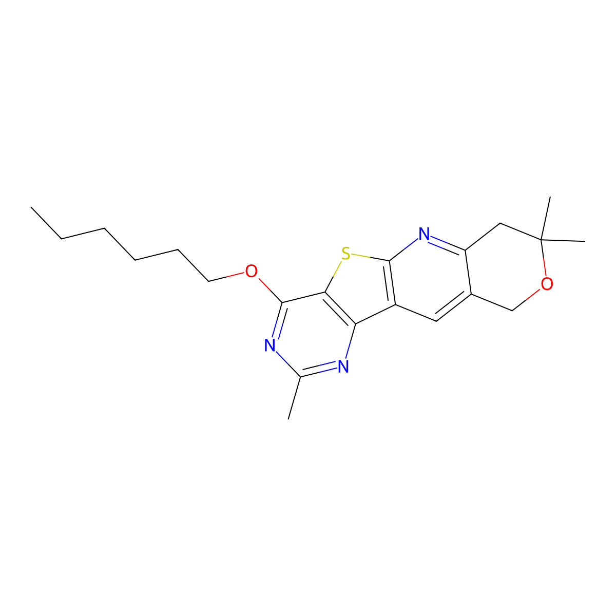 4-(hexyloxy)-2,8,8-trimethyl-7,10-dihydro-8H-pyrano[3'',4'':5',6']pyrido[3',2':4,5]thieno[3,2-d]pyrimidine molecular structure, CAS 500270-75-7