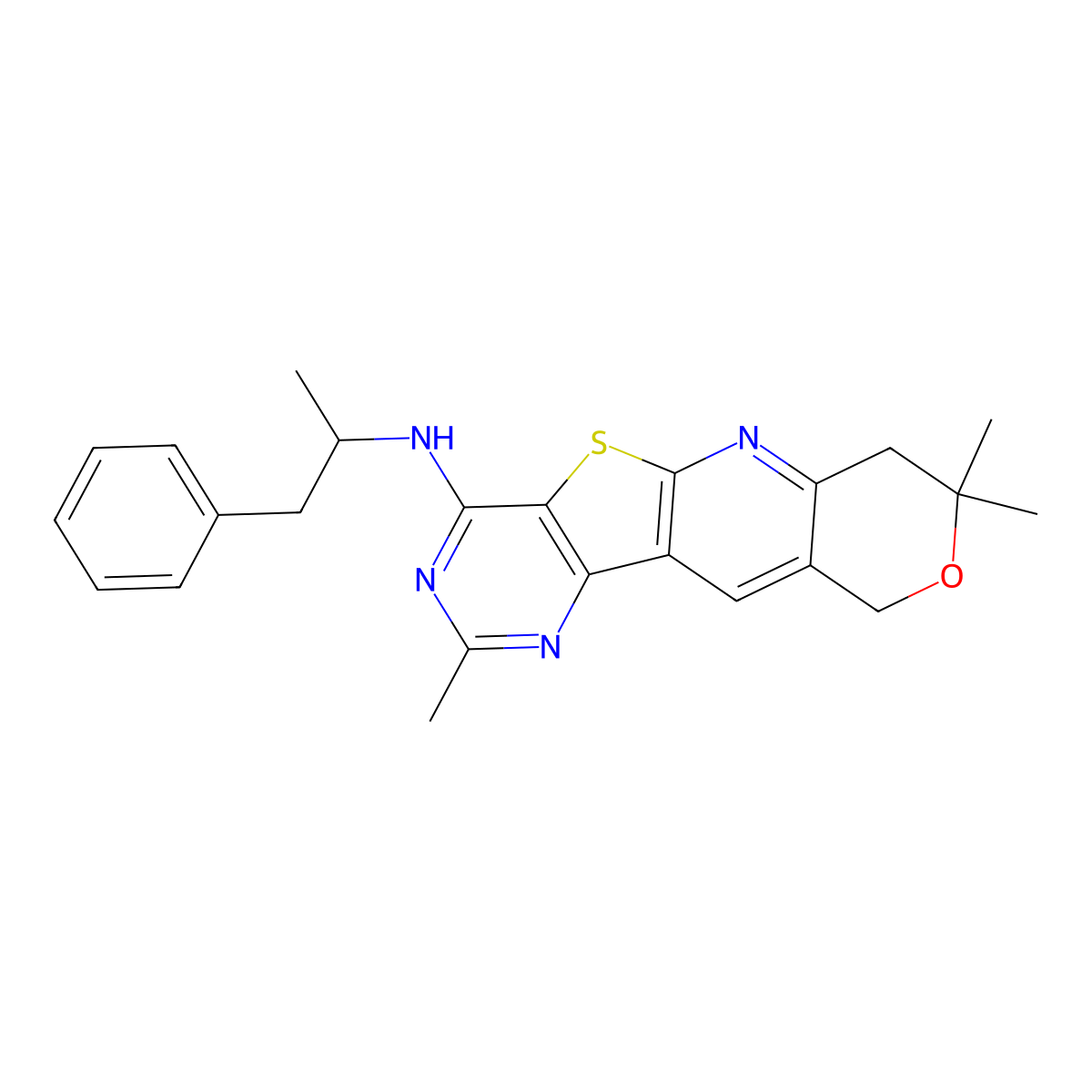 2,8,8-trimethyl-N-(1-phenylpropan-2-yl)-7,10-dihydro-8H-pyrano[3'',4'':5',6']pyrido[3',2':4,5]thieno[3,2-d]pyrimidin-4-amine molecular structure, CAS 500271-94-3