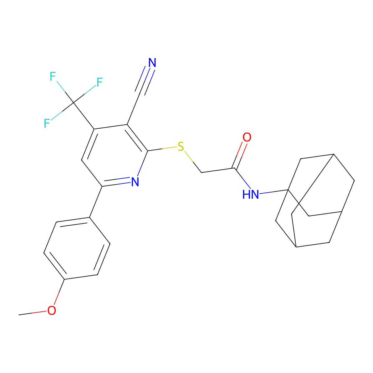 N-(1-adamantyl)-2-[3-cyano-6-(4-methoxyphenyl)-4-(trifluoromethyl)pyridin-2-yl]sulfanylacetamide molecular structure, CAS 500272-03-7