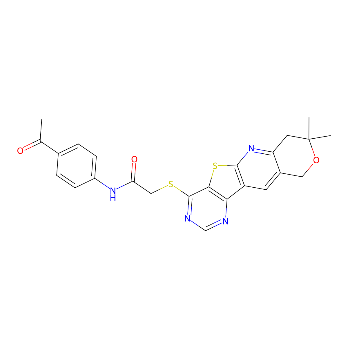 N-(4-acetylphenyl)-2-((8,8-dimethyl-8,10-dihydro-7H-pyrano[3'',4'':5',6']pyrido[3',2':4,5]thieno[3,2-d]pyrimidin-4-yl)thio)acetamide molecular structure, CAS 500272-62-8
