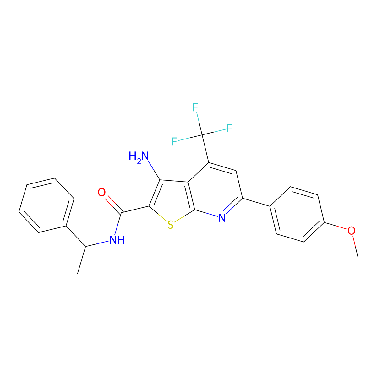3-amino-6-(4-methoxyphenyl)-N-(1-phenylethyl)-4-(trifluoromethyl)thieno[2,3-b]pyridine-2-carboxamide molecular structure, CAS 500272-94-6