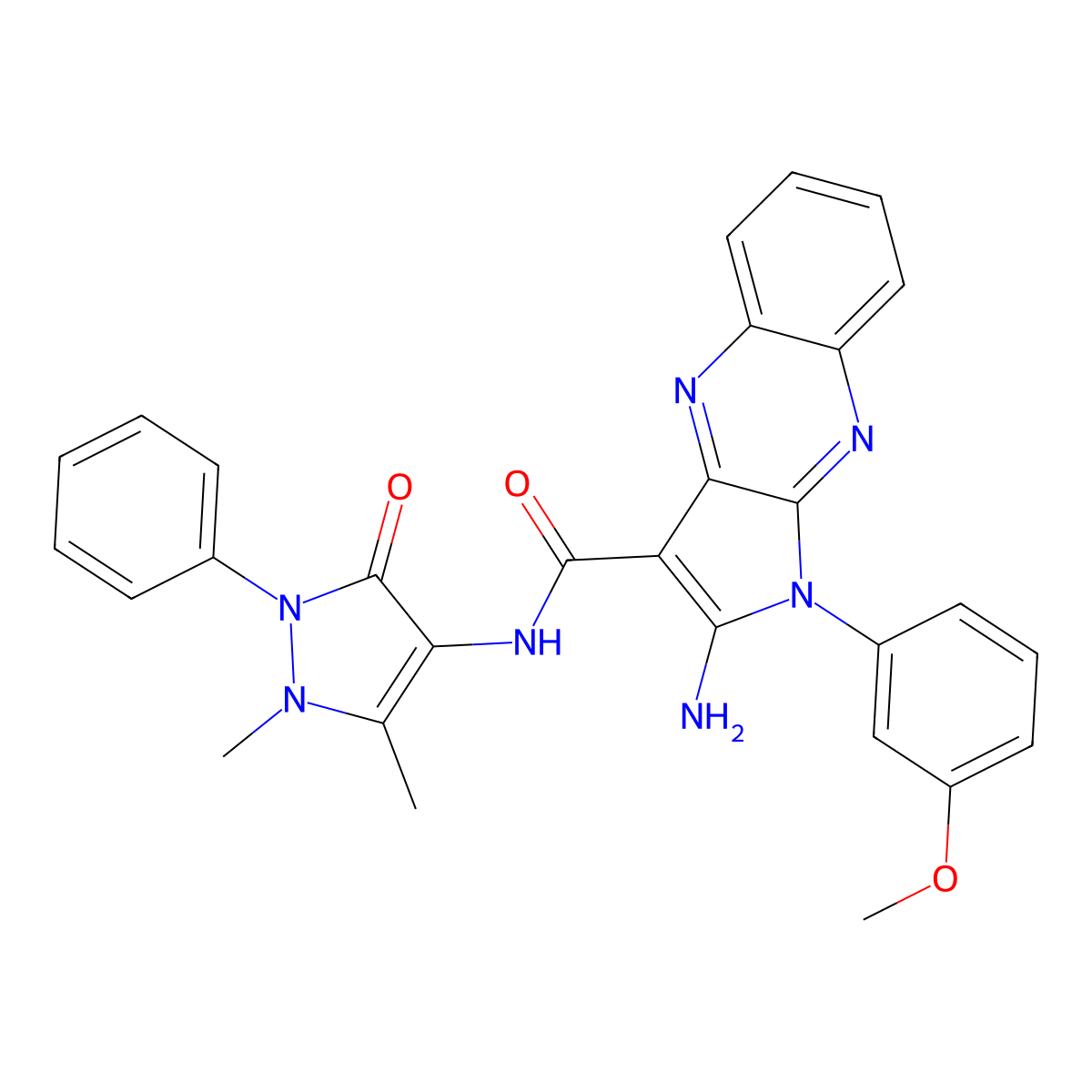 2-amino-N-(1,5-dimethyl-3-oxo-2-phenyl-2,3-dihydro-1H-pyrazol-4-yl)-1-(3-methoxyphenyl)-1H-pyrrolo[2,3-b]quinoxaline-3-carboxamide molecular structure, CAS 500273-06-3