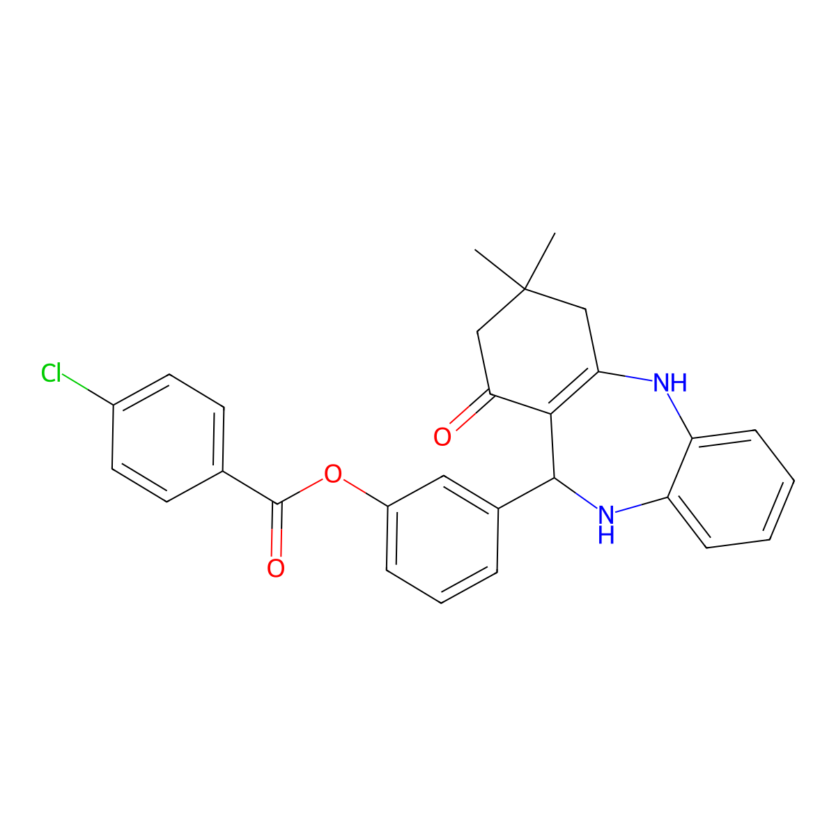 [3-(9,9-dimethyl-7-oxo-6,8,10,11-tetrahydro-5H-benzo[b][1,4]benzodiazepin-6-yl)phenyl] 4-chlorobenzoate molecular structure, CAS 500273-28-9