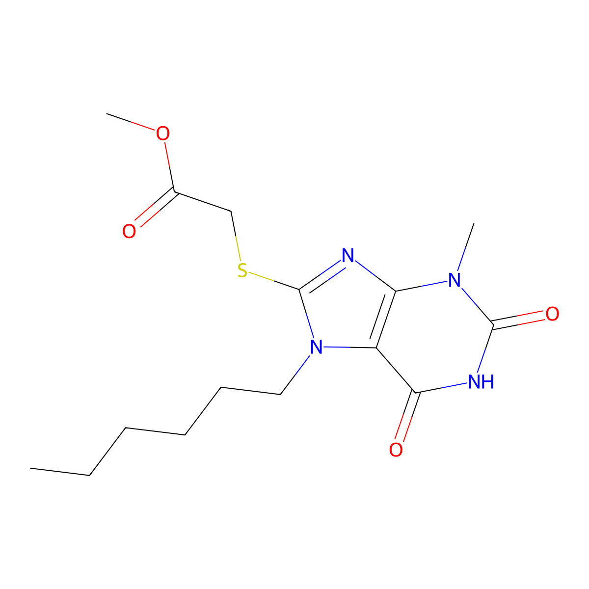 Methyl 2-(7-hexyl-3-methyl-2,6-dioxopurin-8-yl)sulfanylacetate molecular structure, CAS 500273-39-2