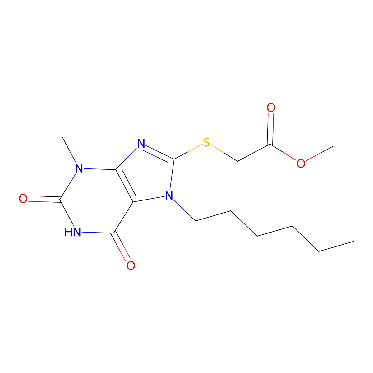 Methyl 2-(7-hexyl-3-methyl-2,6-dioxopurin-8-yl)sulfanylacetate molecular structure, CAS 500273-39-2