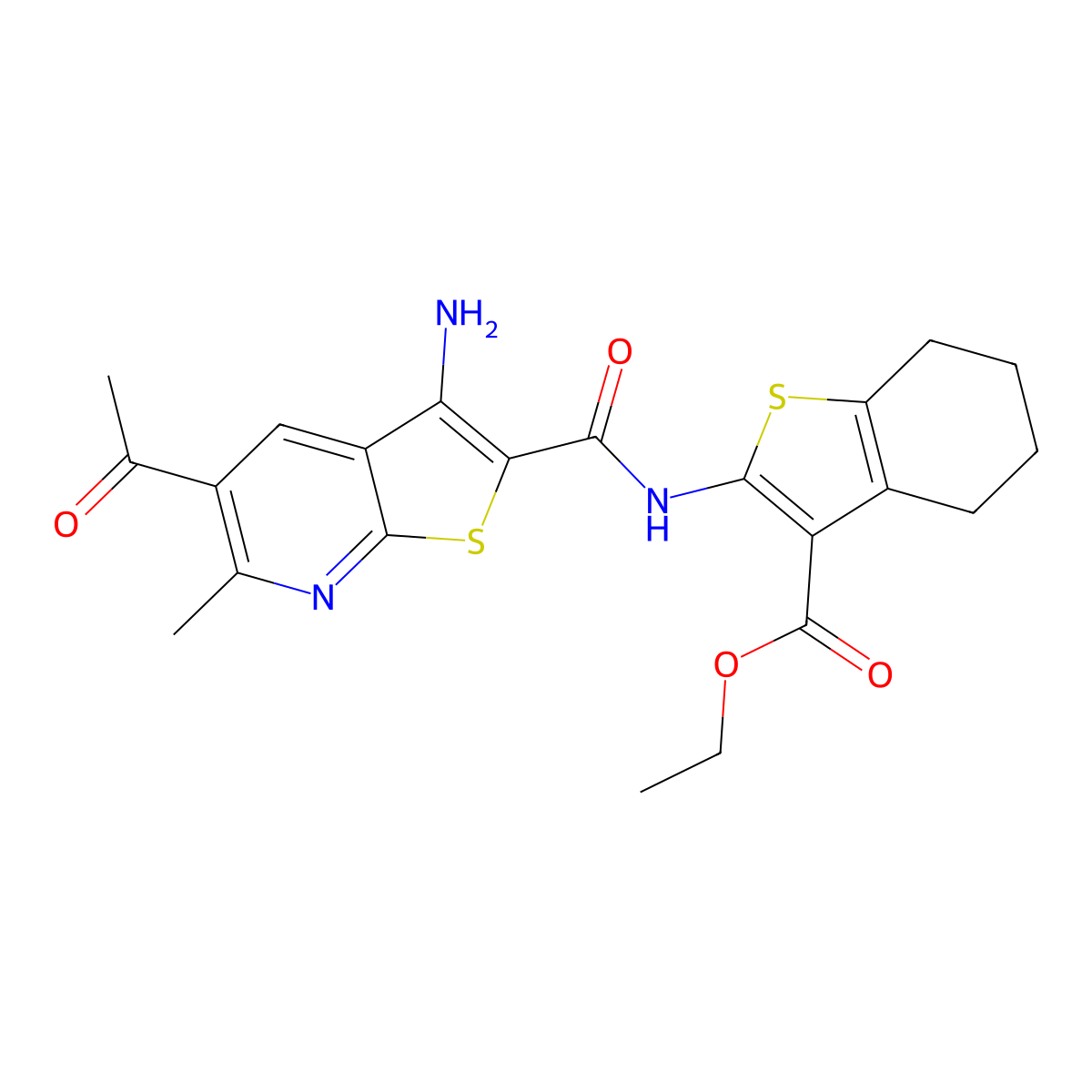 Ethyl 2-(5-acetyl-3-amino-6-methylthieno[2,3-b]pyridine-2-carboxamido)-4,5,6,7-tetrahydrobenzo[b]thiophene-3-carboxylate molecular structure, CAS 500273-73-4