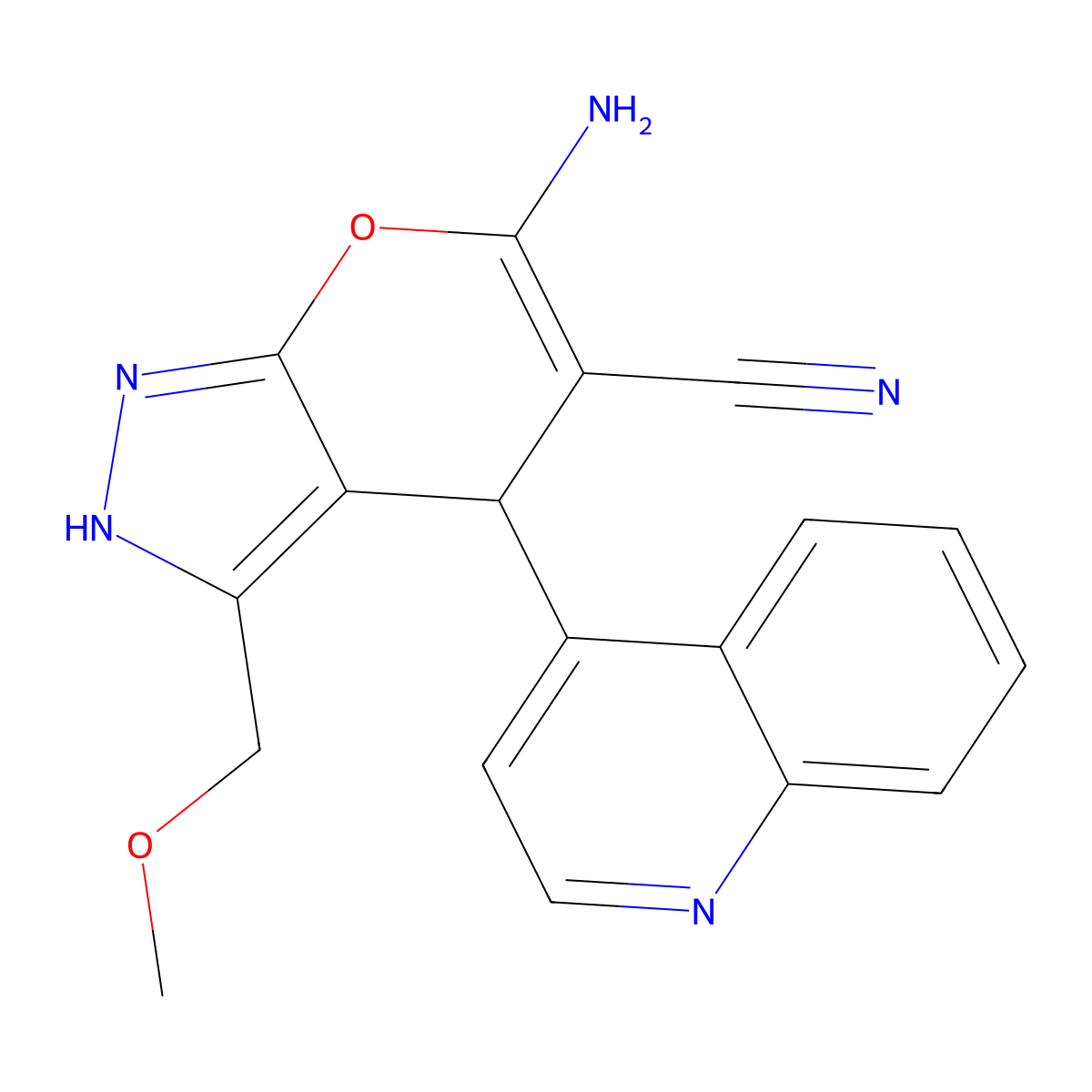 6-Amino-3-(methoxymethyl)-4-(4-quinolinyl)-2,4-dihydropyrano[2,3-c]pyrazole-5-carbonitrile molecular structure, CAS 500274-21-5
