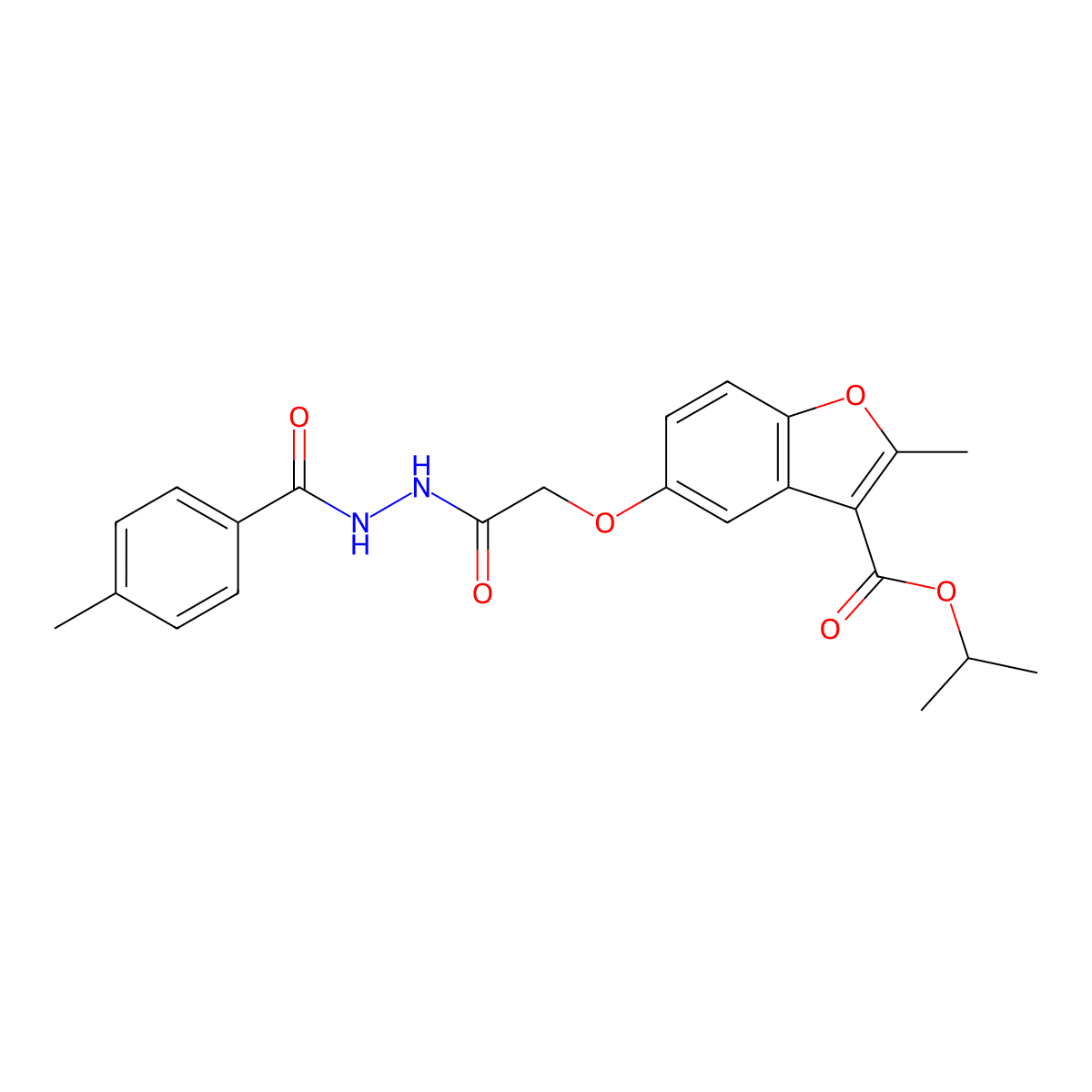 Isopropyl 2-methyl-5-(2-(2-(4-methylbenzoyl)hydrazinyl)-2-oxoethoxy)benzofuran-3-carboxylate molecular structure, CAS 500274-82-8