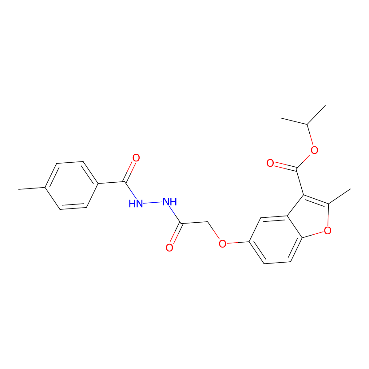 Isopropyl 2-methyl-5-(2-(2-(4-methylbenzoyl)hydrazinyl)-2-oxoethoxy)benzofuran-3-carboxylate molecular structure, CAS 500274-82-8