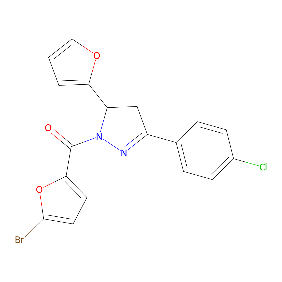 (5-Bromofuran-2-yl)-[5-(4-chlorophenyl)-3-(furan-2-yl)-3,4-dihydropyrazol-2-yl]methanone molecular structure, CAS 500275-06-9