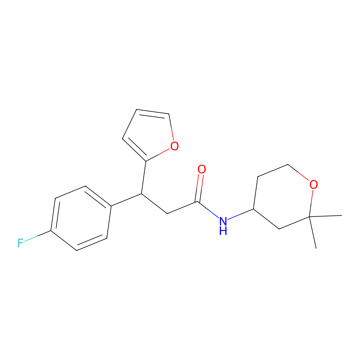 N-(2,2-dimethyloxan-4-yl)-3-(4-fluorophenyl)-3-(furan-2-yl)propanamide molecular structure, CAS 500276-34-6