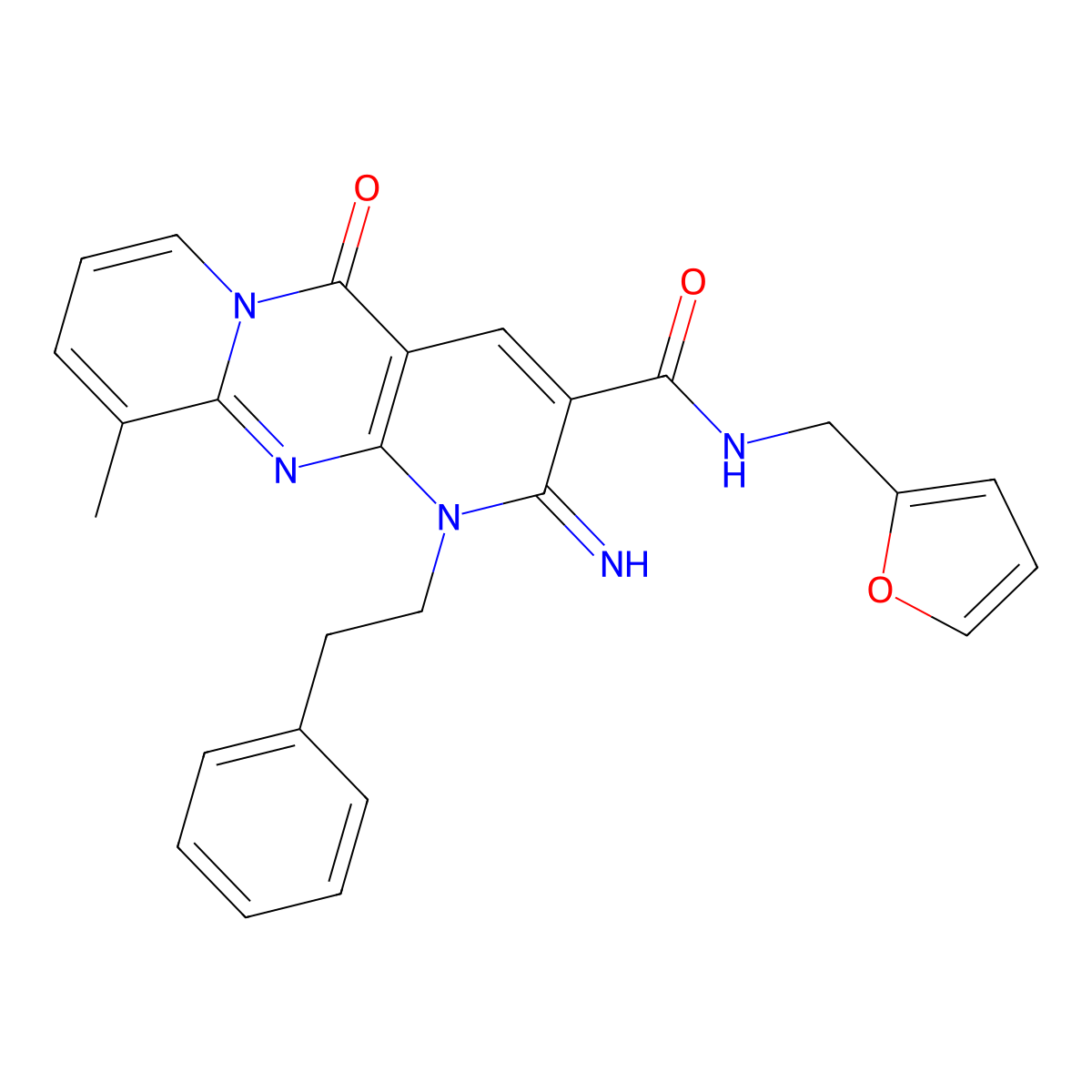 2-Imino-8-methyl-10-oxo-1-phenethyl-1,10-dihydro-2H-1,9,10a-triaza-anthracene-3-carboxylic acid (furan-2-ylmethyl)-amide molecular structure, CAS 500276-85-7