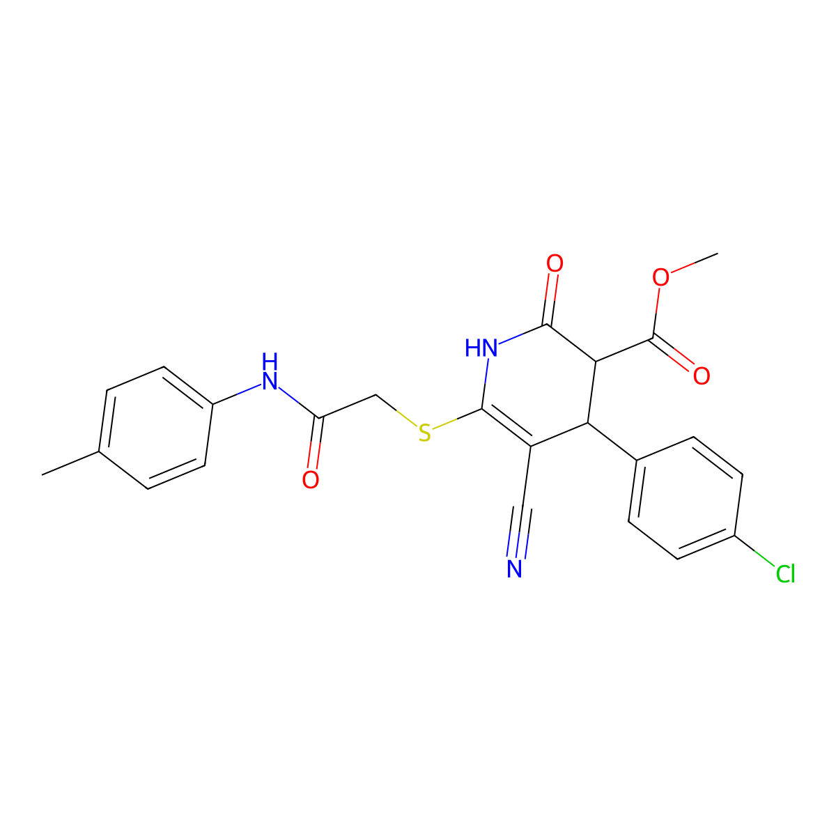 methyl 4-(4-chlorophenyl)-5-cyano-6-[2-(4-methylanilino)-2-oxoethyl]sulfanyl-2-oxo-3,4-dihydro-1H-pyridine-3-carboxylate molecular structure, CAS 500277-07-6