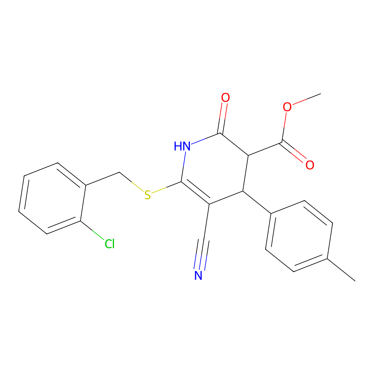methyl 6-[(2-chlorophenyl)methylsulfanyl]-5-cyano-4-(4-methylphenyl)-2-oxo-3,4-dihydro-1H-pyridine-3-carboxylate molecular structure, CAS 500277-49-6
