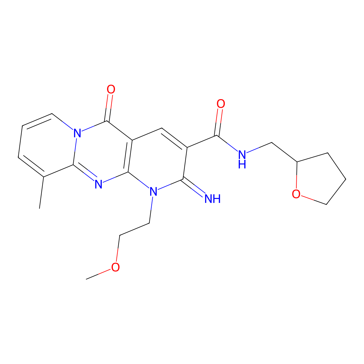 2-imino-1-(2-methoxyethyl)-10-methyl-5-oxo-N-(tetrahydrofuran-2-ylmethyl)-1,5-dihydro-2H-dipyrido[1,2-a:2',3'-d]pyrimidine-3-carboxamide molecular structure, CAS 500278-24-0