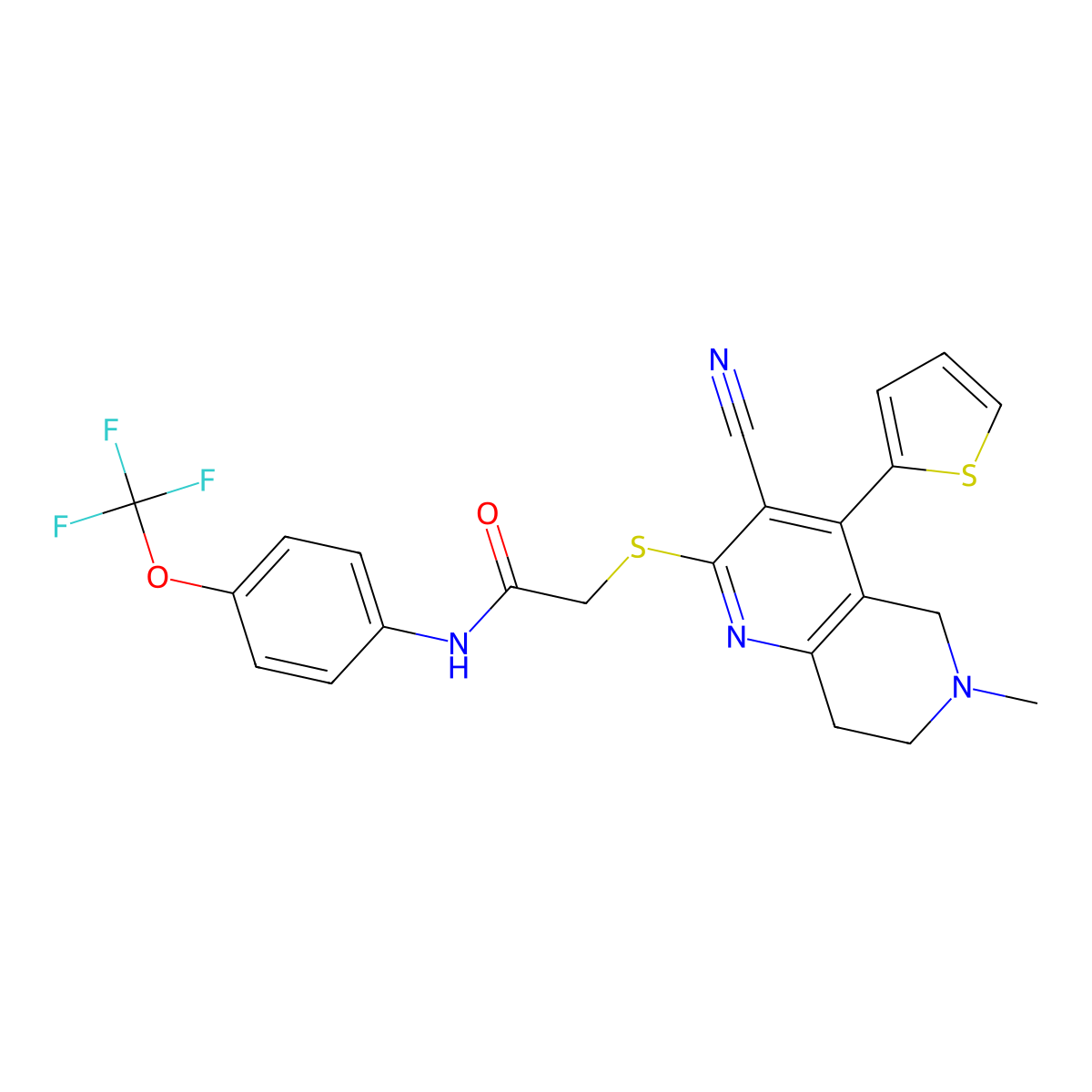 2-[(3-cyano-6-methyl-4-thiophen-2-yl-7,8-dihydro-5H-1,6-naphthyridin-2-yl)sulfanyl]-N-[4-(trifluoromethoxy)phenyl]acetamide molecular structure, CAS 500278-87-5