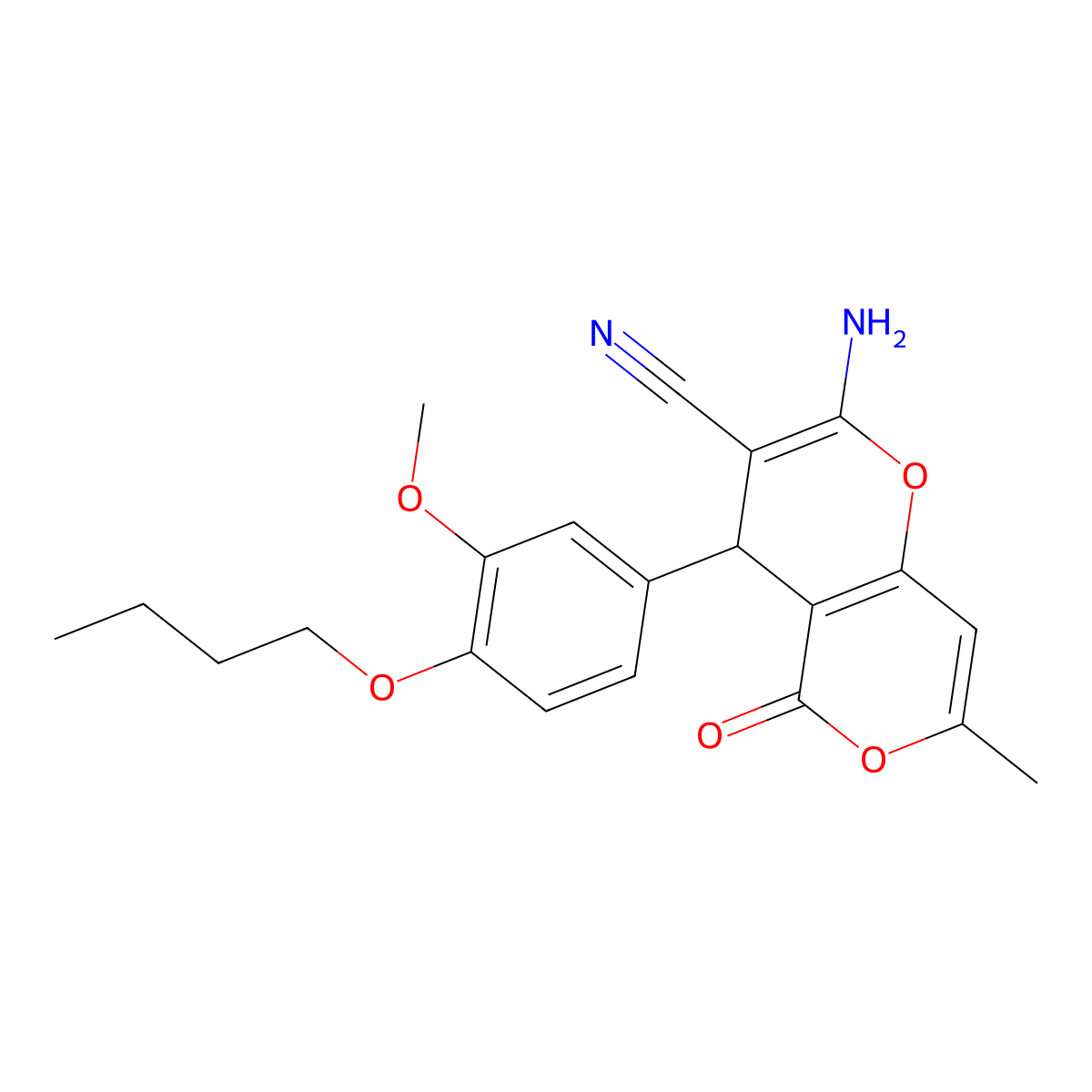 2-amino-4-(4-butoxy-3-methoxyphenyl)-7-methyl-5-oxo-4H,5H-pyrano[4,3-b]pyran-3-carbonitrile molecular structure, CAS 500279-00-5