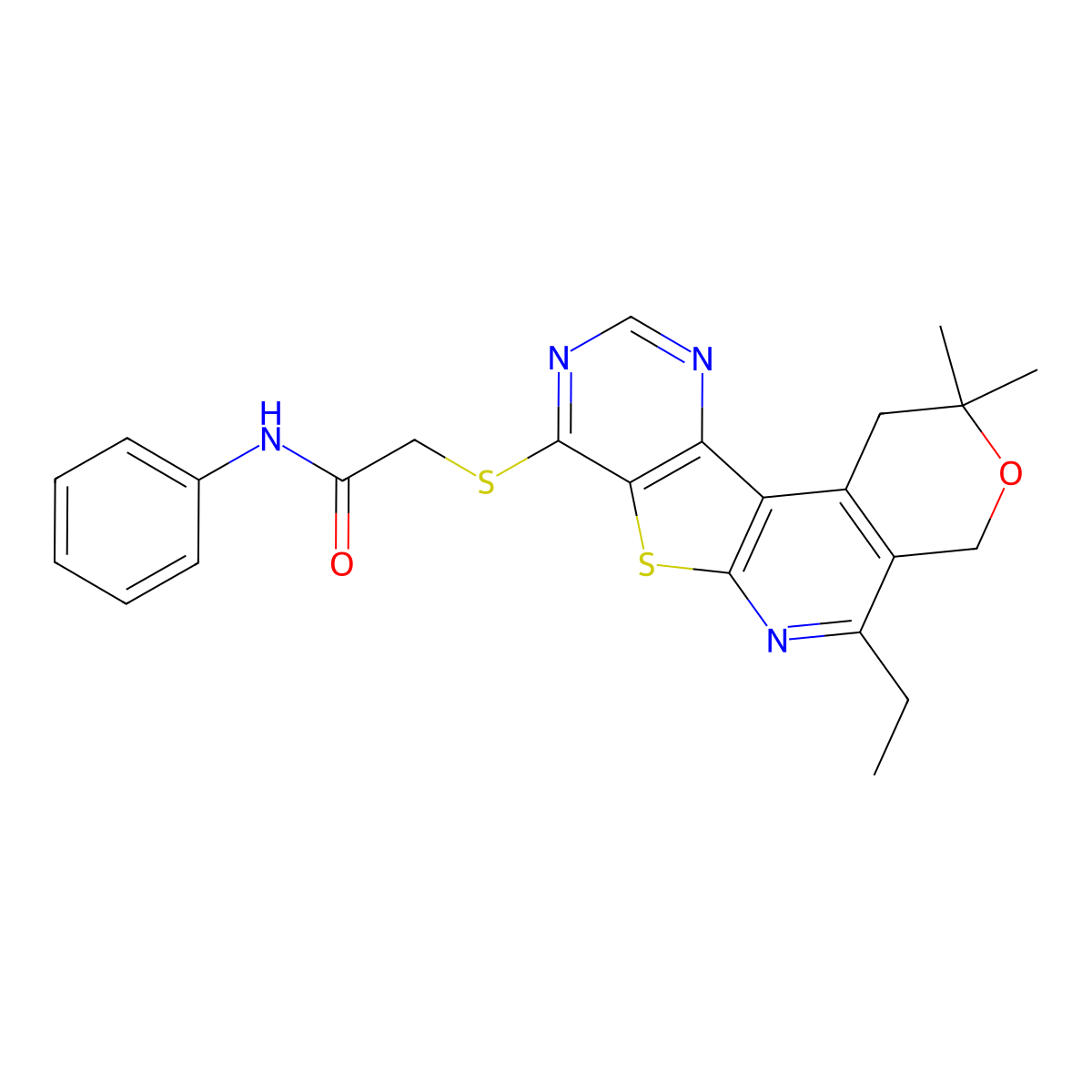 2-((5-ethyl-2,2-dimethyl-2,4-dihydro-1H-pyrano[4'',3'':4',5']pyrido[3',2':4,5]thieno[3,2-d]pyrimidin-8-yl)thio)-N-phenylacetamide molecular structure, CAS 500279-09-4