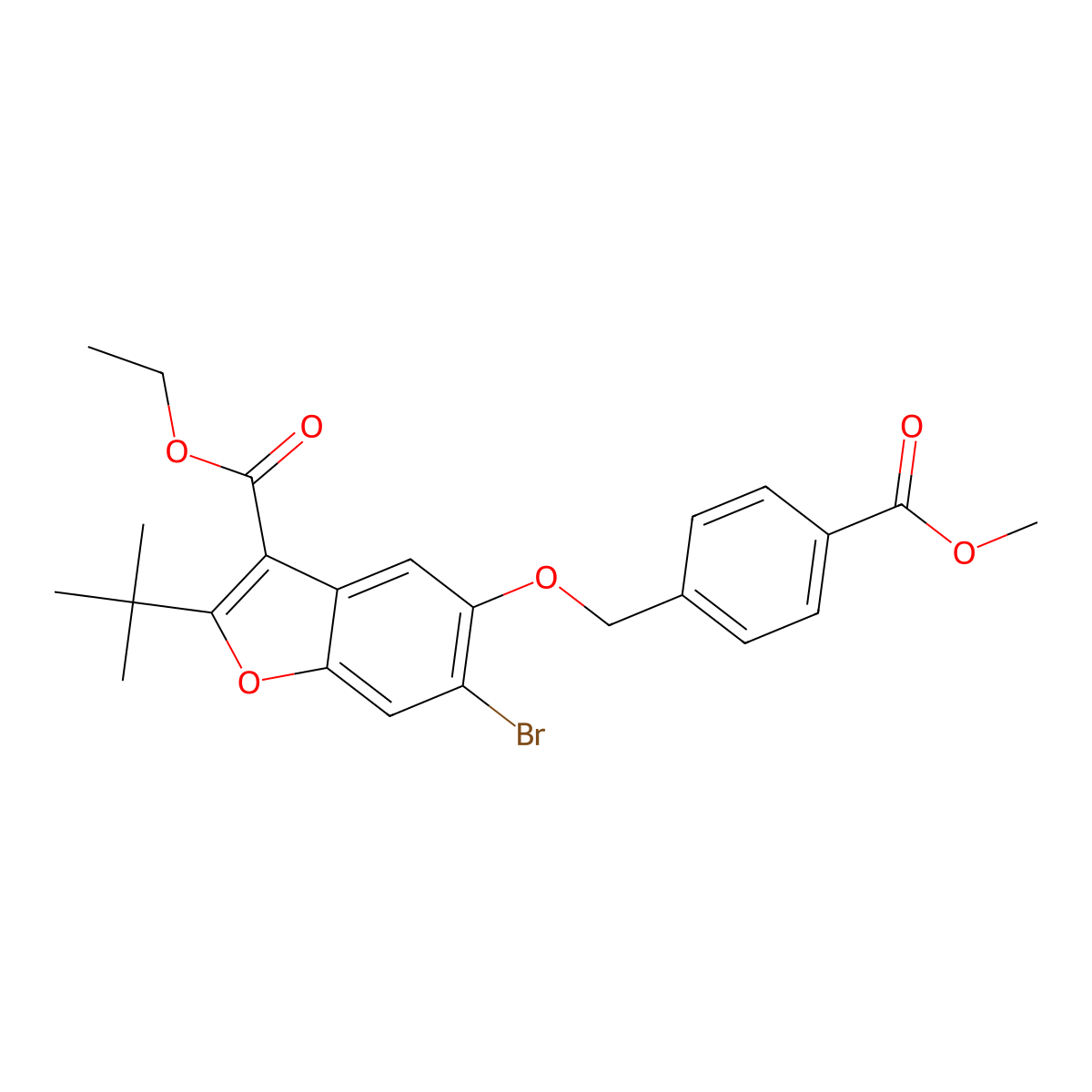Ethyl 6-bromo-2-(tert-butyl)-5-((4-(methoxycarbonyl)benzyl)oxy)benzofuran-3-carboxylate molecular structure, CAS 500279-24-3