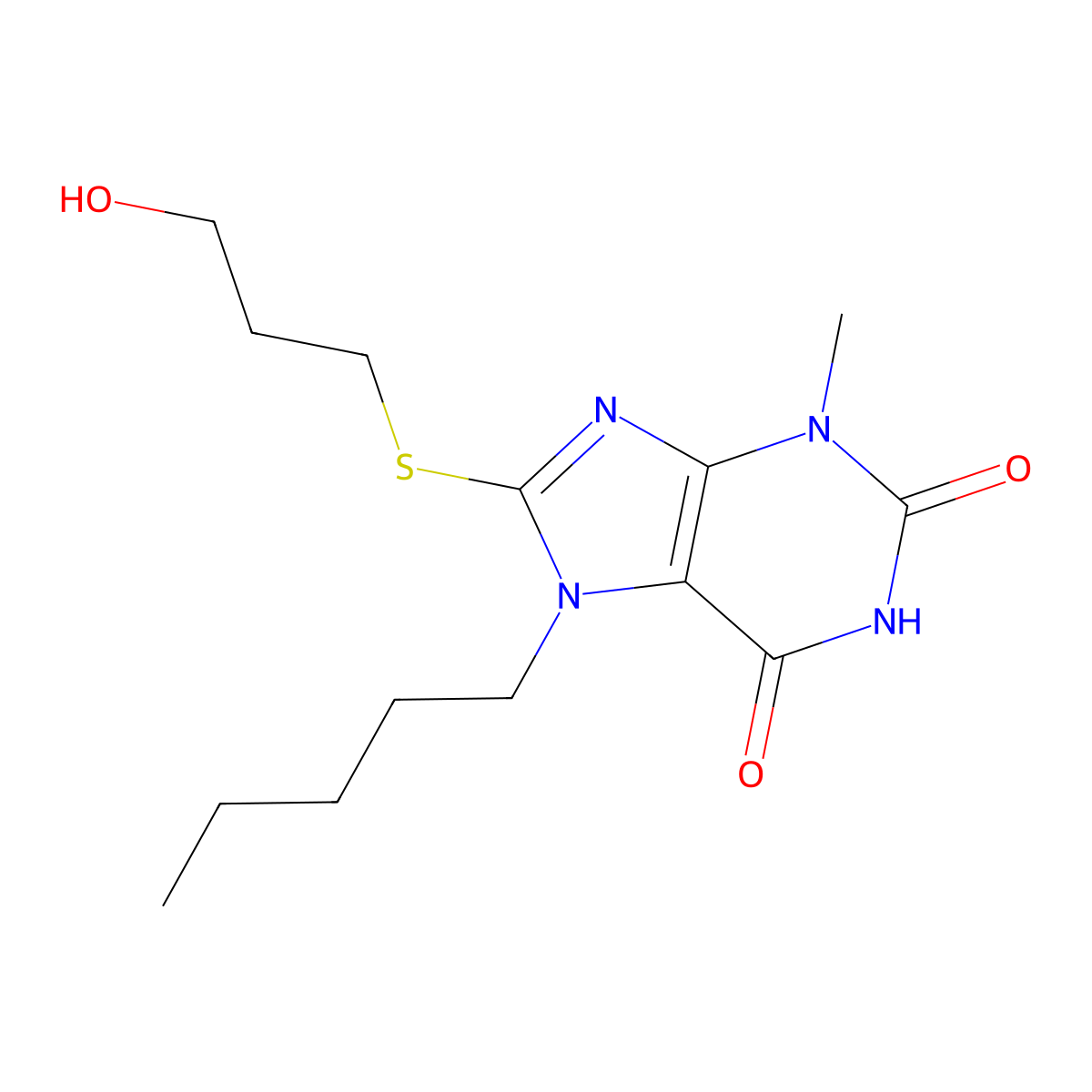 8-((3-hydroxypropyl)thio)-3-methyl-7-pentyl-1H-purine-2,6(3H,7H)-dione molecular structure, CAS 500279-27-6