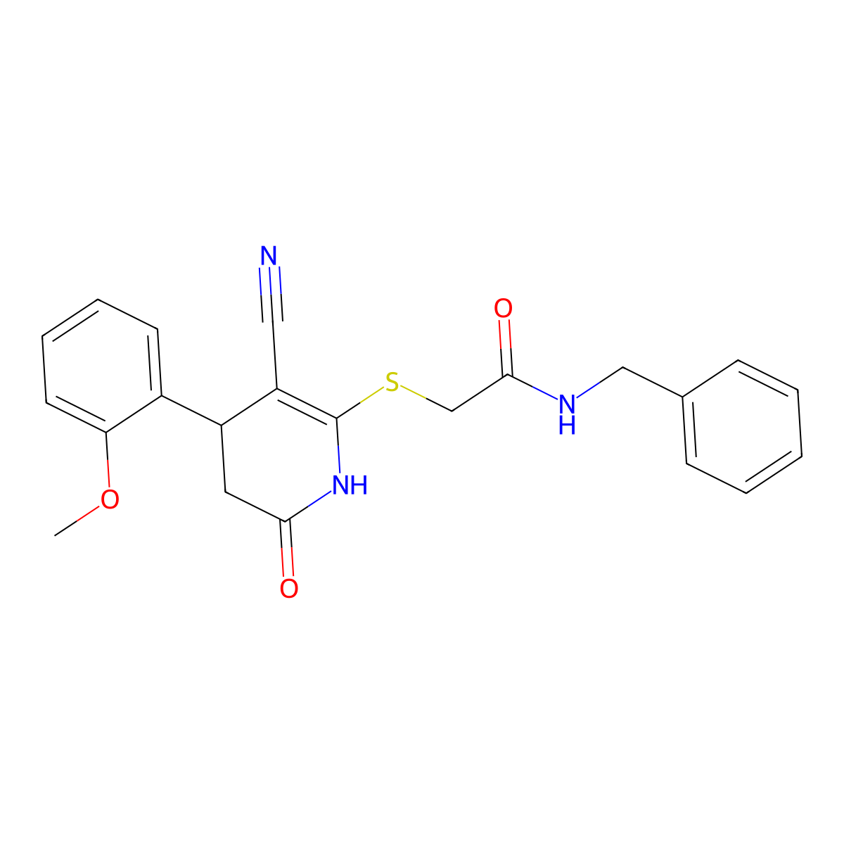 N-benzyl-2-{[3-cyano-4-(2-methoxyphenyl)-6-oxo-1,4,5,6-tetrahydropyridin-2-yl]sulfanyl}acetamide molecular structure, CAS 500279-52-7