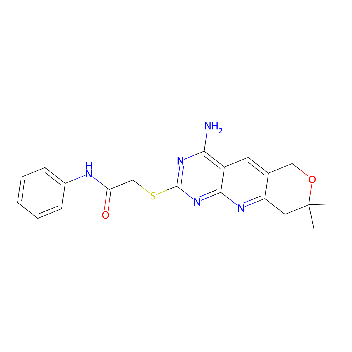 2-[(4-amino-8,8-dimethyl-6,9-dihydropyrano[5,6]pyrido[1,2-c]pyrimidin-2-yl)sulfanyl]-N-phenylacetamide molecular structure, CAS 500279-96-9