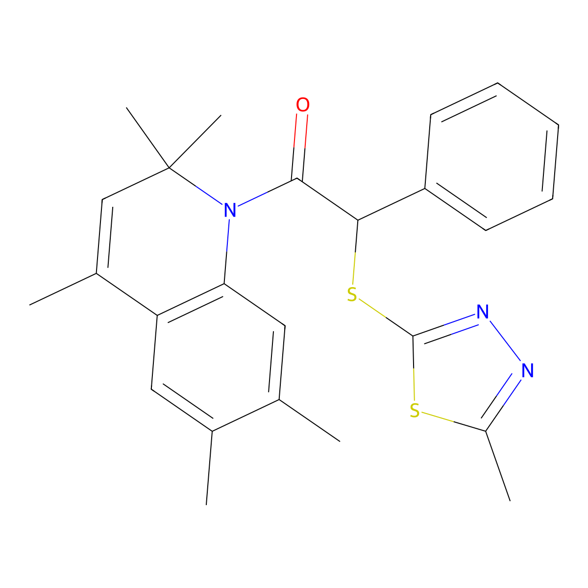 2-[(5-methyl-1,3,4-thiadiazol-2-yl)sulfanyl]-1-(2,2,4,6,7-pentamethylquinolin-1(2H)-yl)-2-phenylethanone molecular structure, CAS 500279-98-1