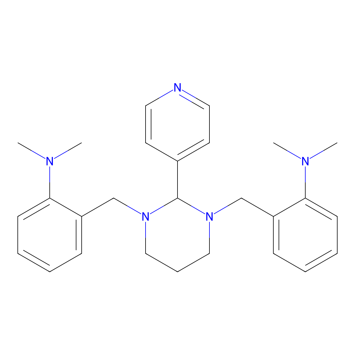 2,2'-((Dihydro-2-(4-pyridinyl)-1,3(2H,4H)-pyrimidinediyl)bis(methylene))bis(N,N-dimethylbenzenamine) molecular structure, CAS 500579-04-4