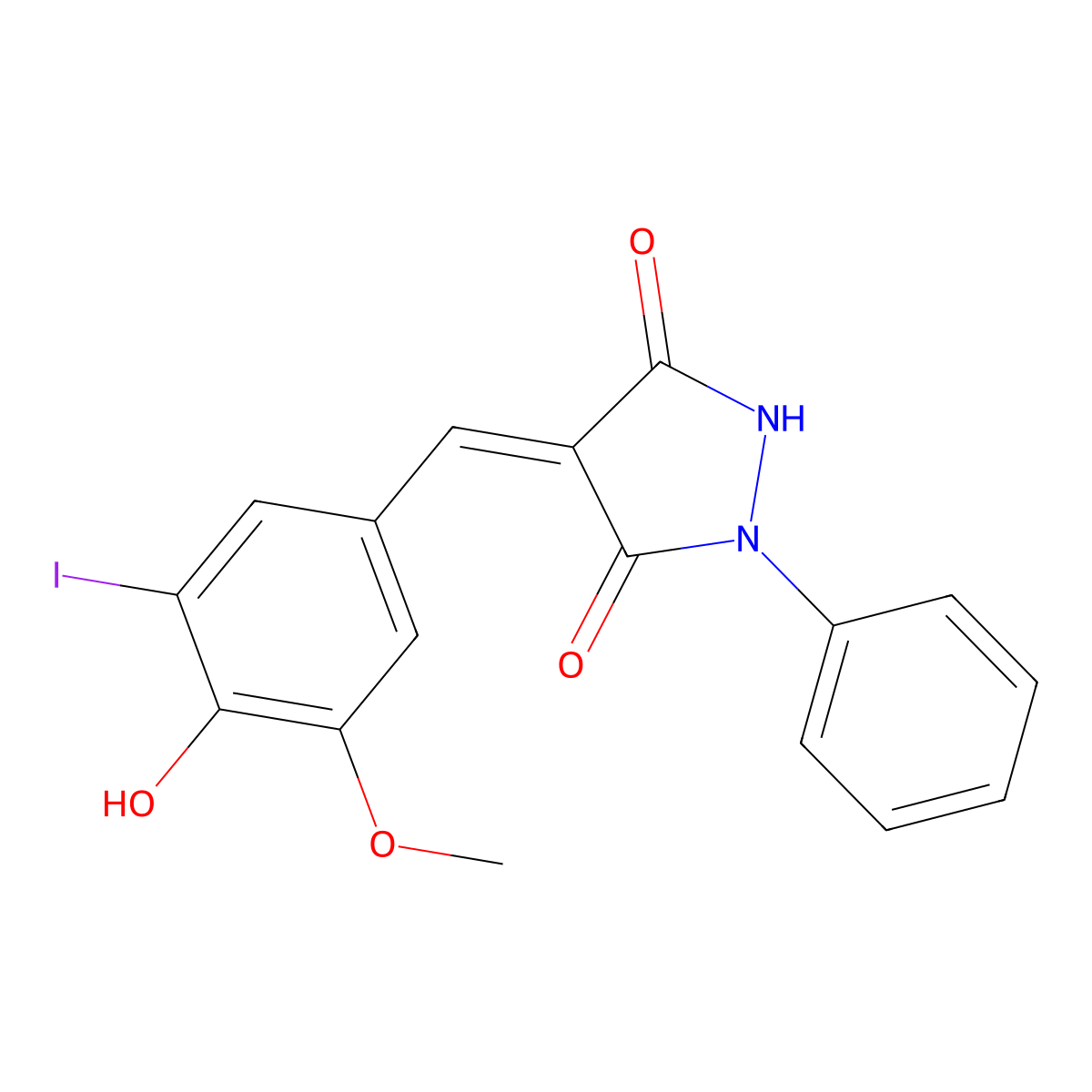 4-[(4-Hydroxy-3-iodo-5-methoxyphenyl)methylidene]-1-phenylpyrazolidine-3,5-dione molecular structure, CAS 5006-12-2