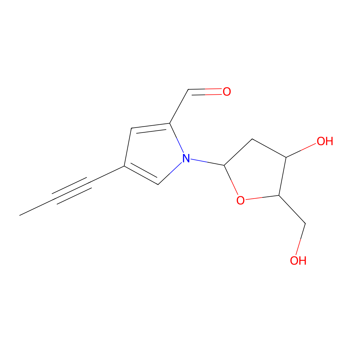 1-[(2R,4S,5R)-4-Hydroxy-5-(hydroxymethyl)tetrahydrofuran-2-YL]-4-prop-1-ynyl-pyrrole-2-carbaldehyde molecular structure, CAS 500780-80-3
